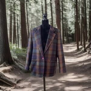 Plaid Blazer Women Size 14p 100% Wool Gold Navy Purple Prep School Old Money